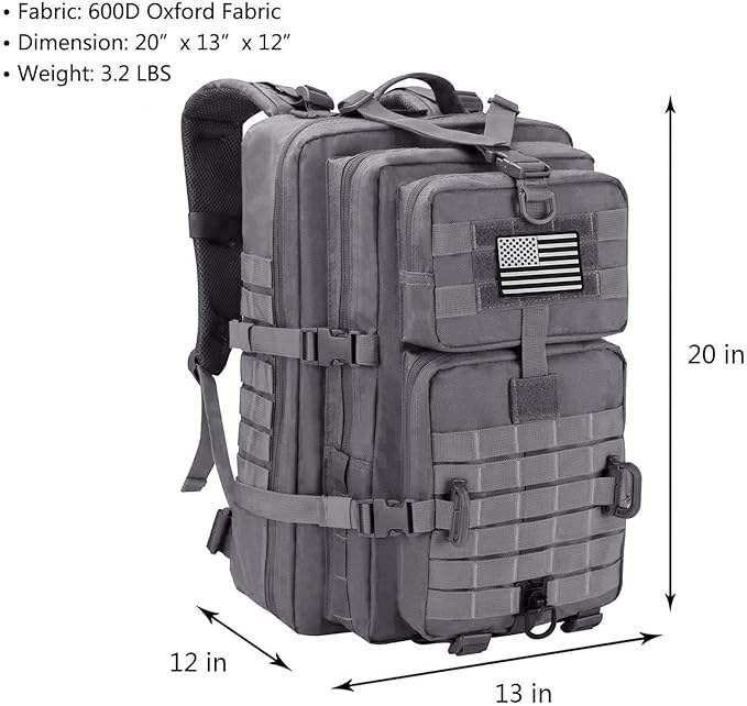 Hannibal Tactical MOLLE Assault Backpack, Tactical Backpack Military Army Camping Rucksack, 3-Day Pack Trip w/USA Flag Patch, D-Rings, Grey
