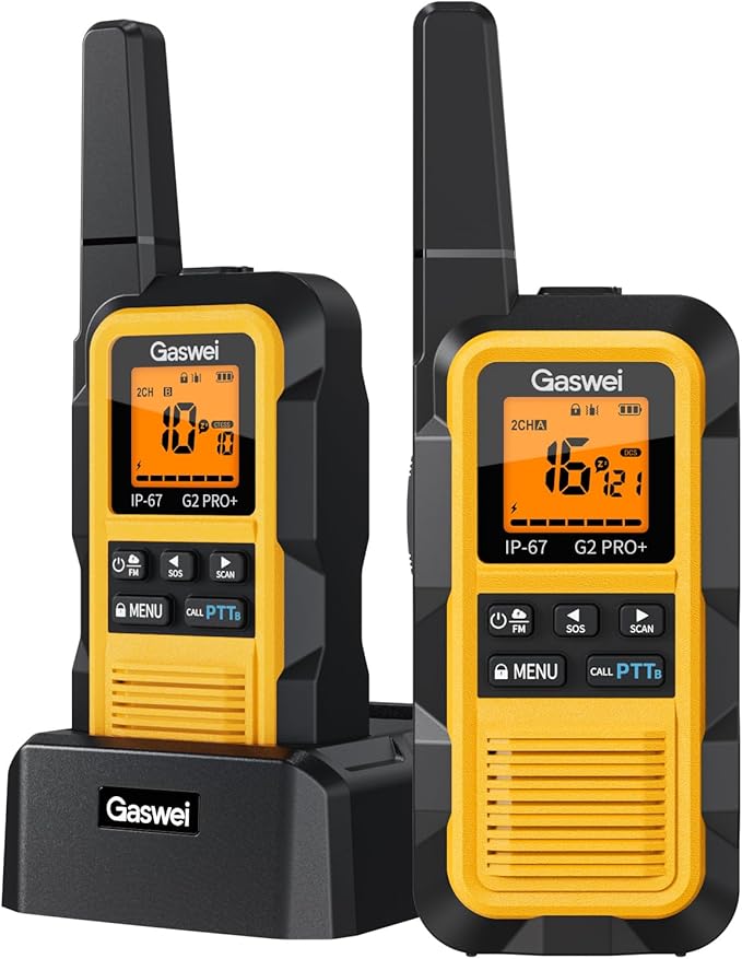 Gaswei G2pro+ IP67 Waterproof Floating Heavy Duty Walkie Talkies Long Range for Adults FRS Double PTT，FM radio,SOS,NOAA weather Rechargeable Two Way Radios 2 watts,VOX,Li-ion Battery (2 Pack - Yellow)