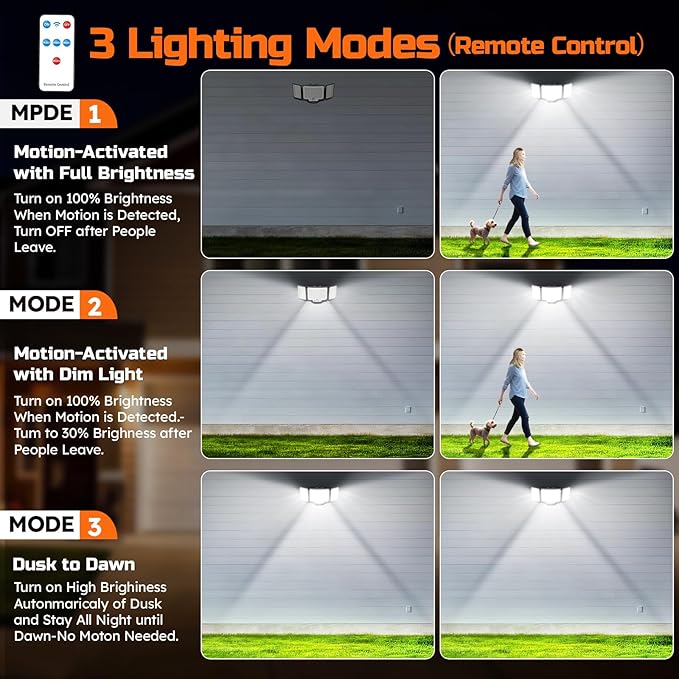 CLAONER LED Security Lights Motion Sensor Outdoor, 20W 3000LM Floodlight 6500K 3 Modes, IP65 Waterproof 3 Head Detected Flood Light for Garage, Yard, Door, Porch, Patio (4 Pack)