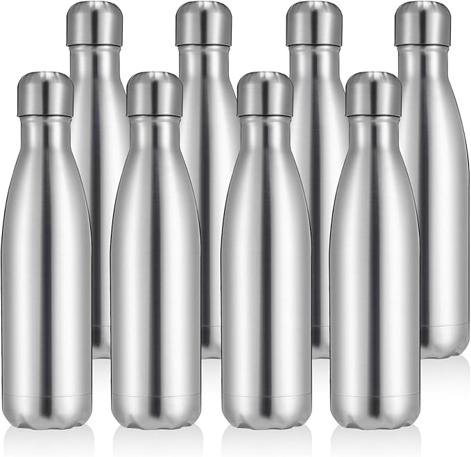 Volhoply 17oz Stainless Steel Water Bottles Bulk, Leakproof Insulated Metal Water Bottle for Sports, Travel, Adult, Available in Packs of 1, 4, or 8（Silver,8 Pack）