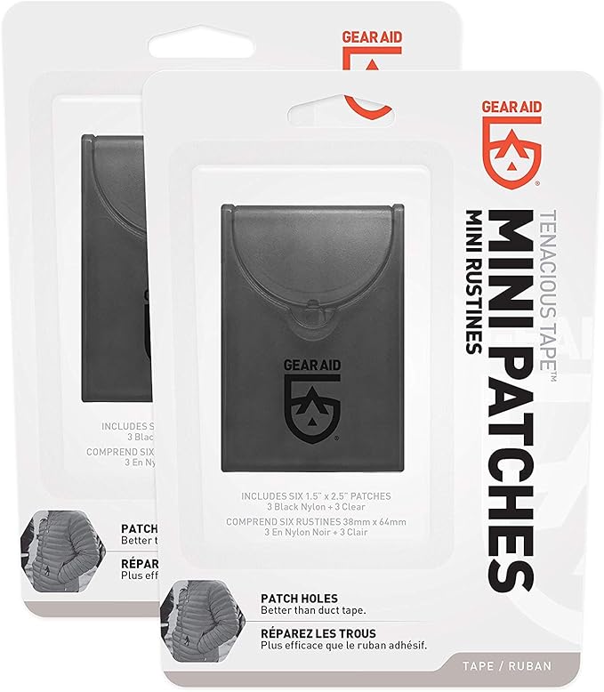 GEAR AID Tenacious Tape Mini Patches with Peel-and-Stick Adhesive to Fix Holes and Tears in Winter Gear, Down Puffer Jackets, Sleeping Bags, Tents, and Rain Gear, Black and Clear, 2 Pack