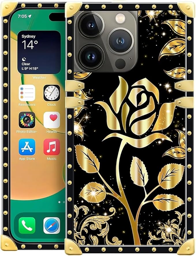 Compatible with iPhone 14 Pro Max Case, Shine Gold Rose Luxury Golden Decoration for Girl Women Soft TPU Shockproof Protective Hard PC Back for iPhone 14 Pro Max