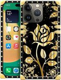 Compatible with iPhone 14 Pro Max Case, Shine Gold Rose Luxury Golden Decoration for Girl Women Soft TPU Shockproof Protective Hard PC Back for iPhone 14 Pro Max