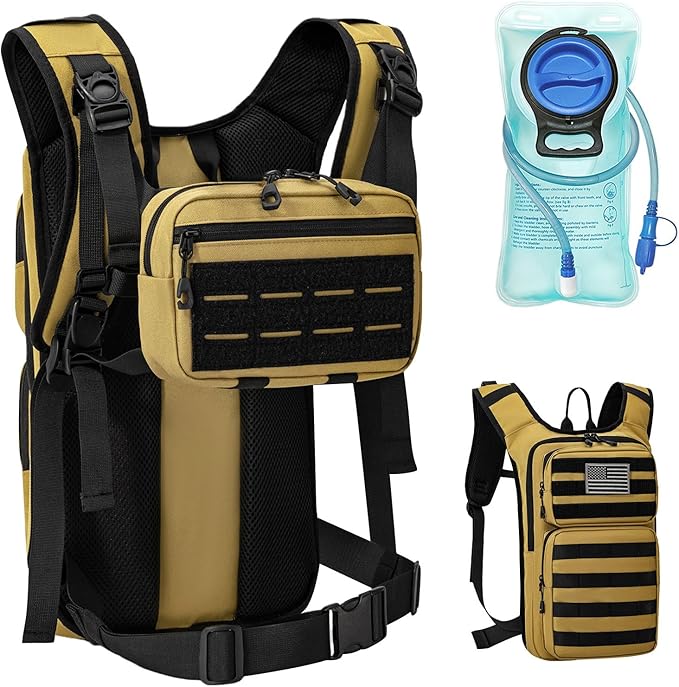 Koculemi Tactical Hydration Backpack with 2L Water Bladder and Front Small Tactical Pouch, Outdoor Water Backpack for Men Women, Sports Hydration Pack for Hiking, Cycling, Climbing