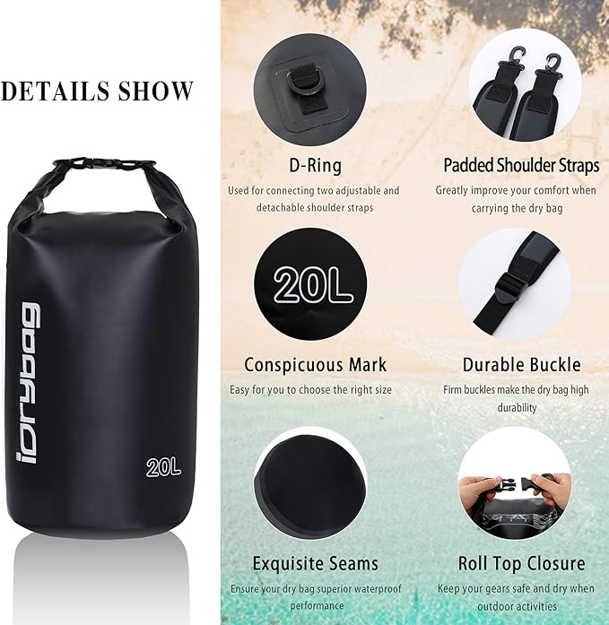 IDRYBAG Dry Bag for Kayaking Waterproof 2L/5L/10L/15L/20L, Small Dry Sack Waterproof Bag for Boating