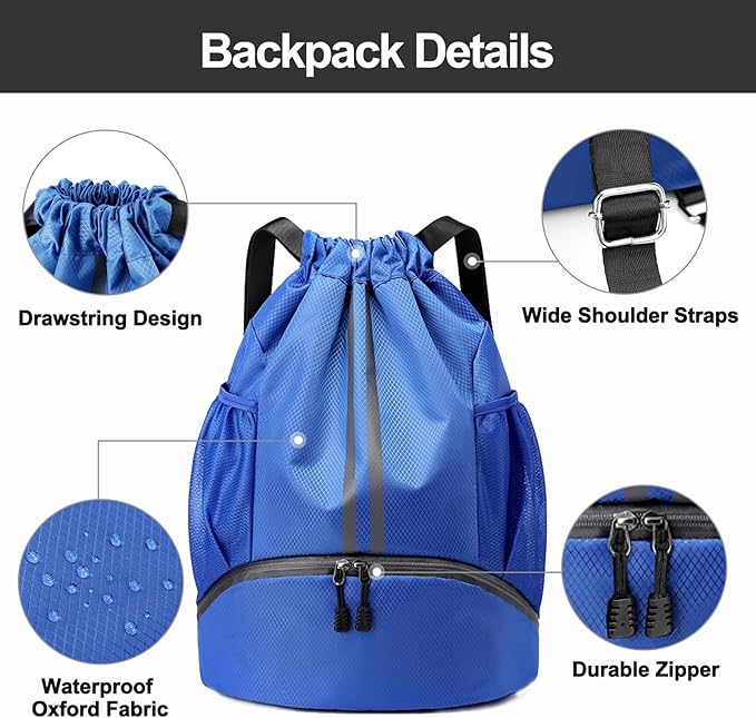 Hoedia Sports Drawstring Backpack - String Swim Gym Bag with Shoes Compartment and Wet Proof Pocket for Women&Men