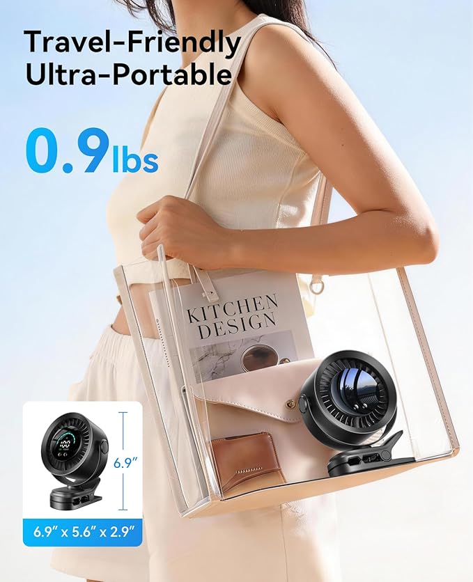KIMMOO Portable Clip on Fan, 100-Speed Rechargeable USB Fan with LED Display, 360° Rotation & Strong Airflow Desk Fan, Up to 17 Hours Small Battery Fan for Outdoor Travel Camping Treadmill Car (Black)
