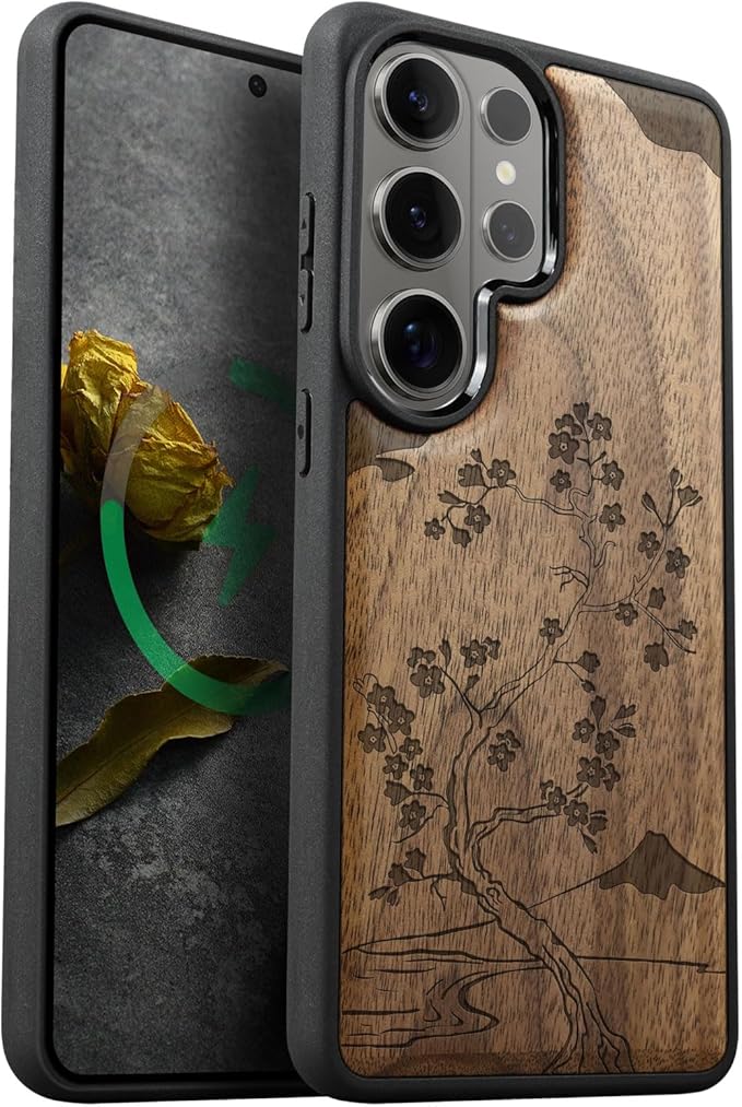 Carveit Magnetic Wooden Case for Samsung Galaxy S26 Ultra Case 2026, TPU Shockproof Cover & Wood Artisan Engraved, Compatible with MagSafe Wireless Chargers (Cherry Blossom with Mount Fuji) Walnut