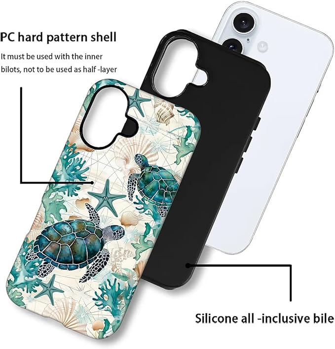 for iPhone 16 Case,HH2 Ocean Sea Turtle Nautical Map Hybrid 2 Layer Hard Shell Silicone Protective Pattern Design Case