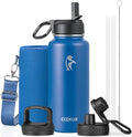 Coolflask Water Bottle 32 oz Insulated with Straw, Stainless Steel Metal 3 Lids Water Flask Wide Mouth for Sports or Office, Non-BPA Keep Cold Up to 48 Hrs or Hot Up to 24 Hrs, King's Blue