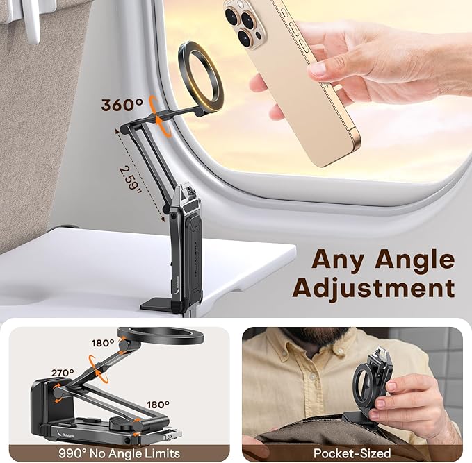 OMOTON 360°Rotating for MagSafe Tripod with 1/4" Screw Arca, Adjustable Magnetic Phone Tripod for iPhone 17/16/15 Pro Max Air, Fold Selfie Stick Fits Vlog, Gym, Travel Essentials, Black& Black Pro