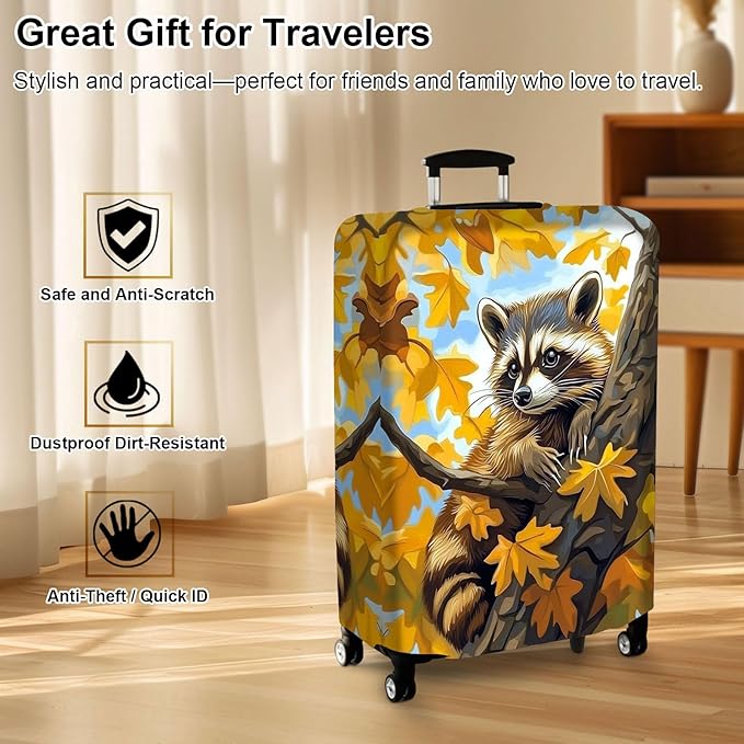 Luggage Cover Protector for 19-20 Inch Suitcases, TSA Approved Elastic Travel Suitcase Covers, Anti-Scratch Washable Luggage Sleeve for Carry On & Checked Bags, Raccoon Perched