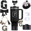 6pcs Black Stanley Cup Accessories Set, Bow Straw Topper for Stanley Cup 30oz 40oz, Including Straw Topper and Bow Silicone Boot, Stoppers Spill Proof, Handle Charm, Initials Sticker