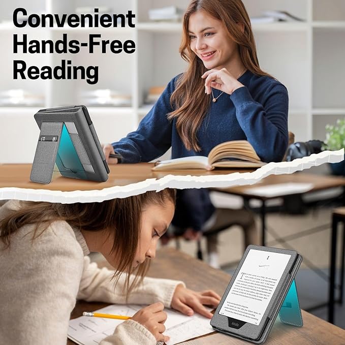 TNP Stand Case with Strap for Kindle Paperwhite 12th Gen 2024 / Kindle Colorsoft Signature Edition - 7" PU Leather Protective Folio Cover with Auto Wake/Sleep & Card Slot, Gray