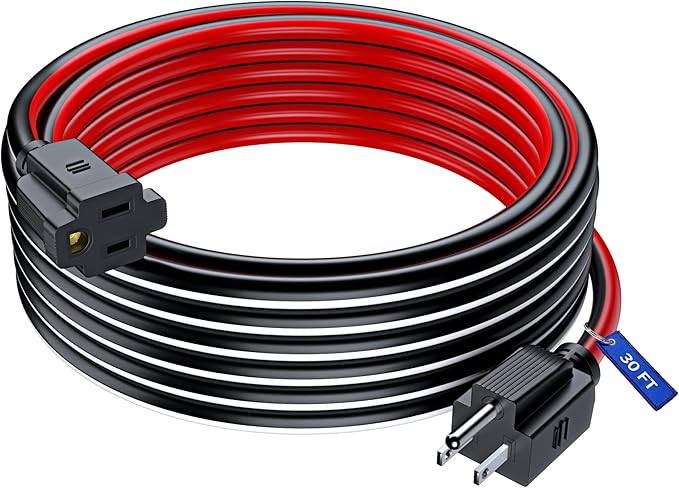 Maximm Heavy Duty 30 ft Extension Cord (16 Gauge, Black, White, Red) ETL Listed