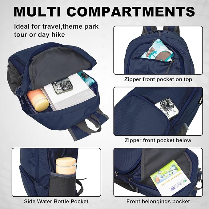 HOLYLUCK 20L lightweight packable Hiking Daypack Foldable Backpack for Men Women Small Travel Outdoor Foldable Shoulder Bag-dark blue