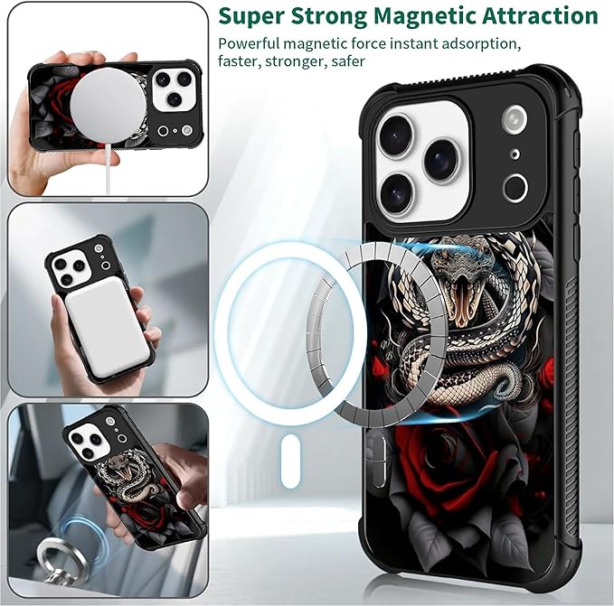 for iPhone 17 Pro Case,for MagSafe Graphic Design for Girl Boy Soft Silicone Hard Acrylic Shock Protection Designed for iPhone 17 Pro Entwined Rose Snake Pattern