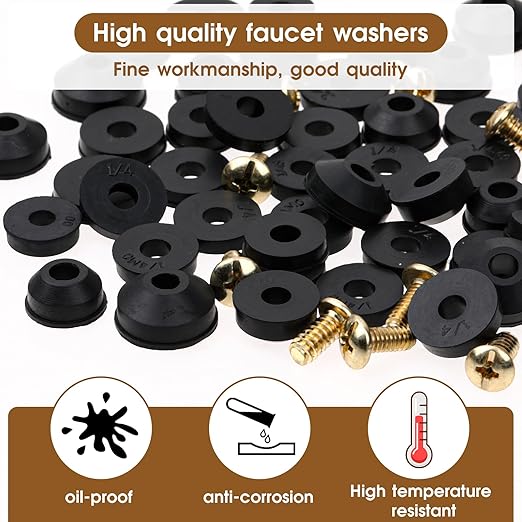 Rubber Washers Repair Kit - 116 Pcs Assorted Flat & Beveled Washers, Brass Bibb Screws for Outdoor Faucet Leak Repair