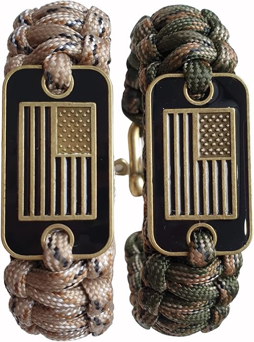 VAYOBOO Paracord Bracelet - Tactical Survival Bracelet for Men with Bronze USA Flag - 3 Adjustable Sizes - Green Camo, L