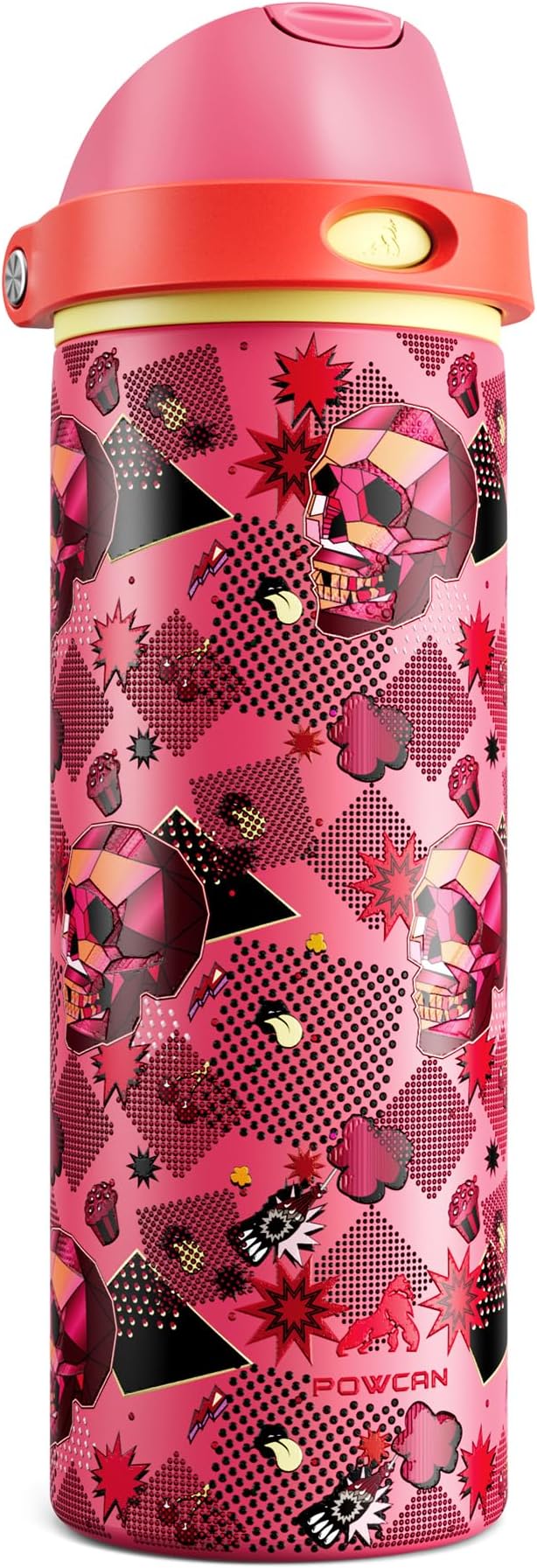 POWCAN 24 oz Insulated Skull Water Bottle: 2-in-1 Lid with Push-Button Spout & Quick-Flip Straw, Leakproof, Car Cupholder Friendly, Stainless Steel for Gym, Travel, Camping (Candy Vandal)