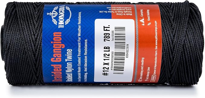 HONGDA Braided Tarred Bank Line Braided Nylon Twine, 789 Feet #12 Bank Line, Black Tarred String 1.2mm for Gardening, Construction, Gear Tying, Jungle Survival, Trotline