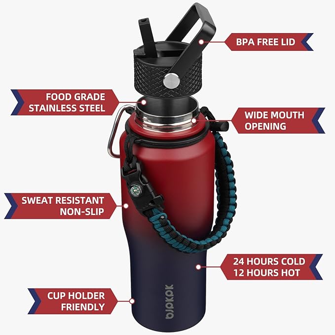 BJPKPK Insulated Water Bottles with Straw Lid, 23oz Metal Water Bottle with 2 lids & Paracord Strap, Double Wall Stainless Steel Vacuum Tumblers, Cups,Thermo for Hot& Cold Drinks,Charming Red