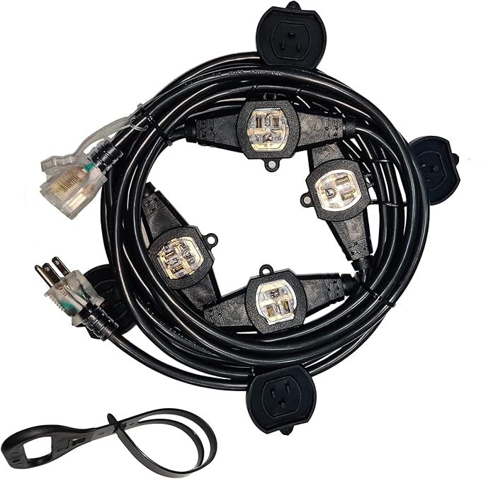 25FT Power Extension Cord - 3 Prong, 14 Gauge SJTW 5-15R Cable - Male Plug to Female Connector - 5 Outlet - Multiple Evenly-Spaced Plug - Suitable for Stage Setting or Outdoor - UL Certified