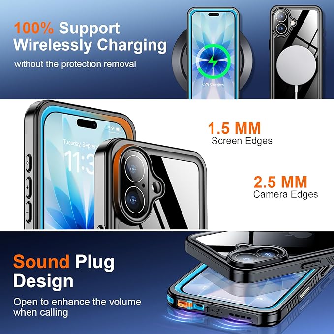 SPIDERCASE for iPhone 17 Case Waterproof, Built-in Lens & Screen Protector, Full Heavy Duty Protection, 12FT Military Shockproof, Dustproof, Anti-Scratched Phone Case,Blue/Clear