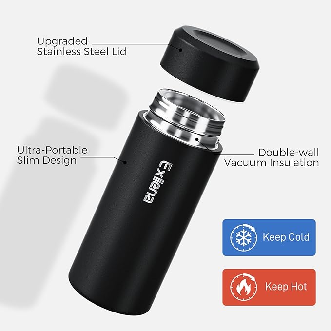 【Upgraded】Exllena Small Insulated Water Bottle 8 oz/250ml– Mini Insulated Water Bottle for Hot & Cold Drinks, Perfect Small Water Bottle for Travel, Purse...(Black)