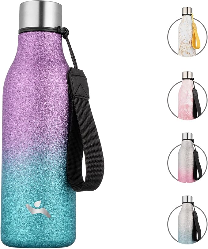 Konokyo Insulated Water Bottle with Strap,18 oz Double Wall Stainless Steel Vacuum Bottles Metal Water Flask,Sparkling Purple Green