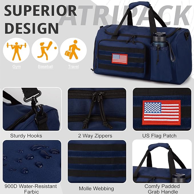 Tactical Gym Bag for Men, 60L Large Capacity Duffle Bags with Shoes Compartment, Sports Bag with wet compartment, Multi-functional Weekend Bags Suitable for Travel, Camping,hiking