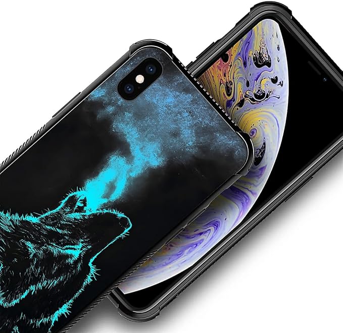 for iPhone Xs Max Case, Blue Breathing Wolf Pattern Graphic Design Girl Boy Soft Silicone Hard Acrylic Shock Protection for iPhone Xs Max