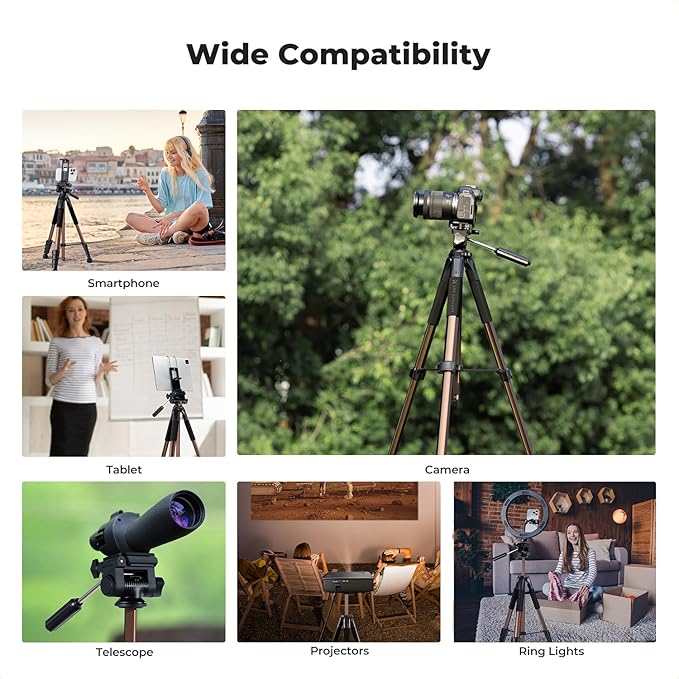 K&F CONCEPT Camera Tripod, 75" Lightweight Portable Travel Outdoor DSLR Tripods for Camera Phone Video Recording Tripod Stand, Cellphone Clip for Smartphone Live Streaming Vlog (Bronze Gold, 75'')