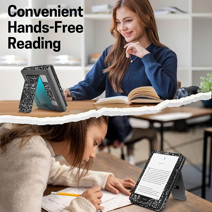 TNP Stand Case for Kindle Paperwhite 12th Generation 2024 / Kindle Colorsoft Signature Edition with Hand Strap - 7" PU Leather Protective Folio Cover with Auto Wake/Sleep, Composition Book Black
