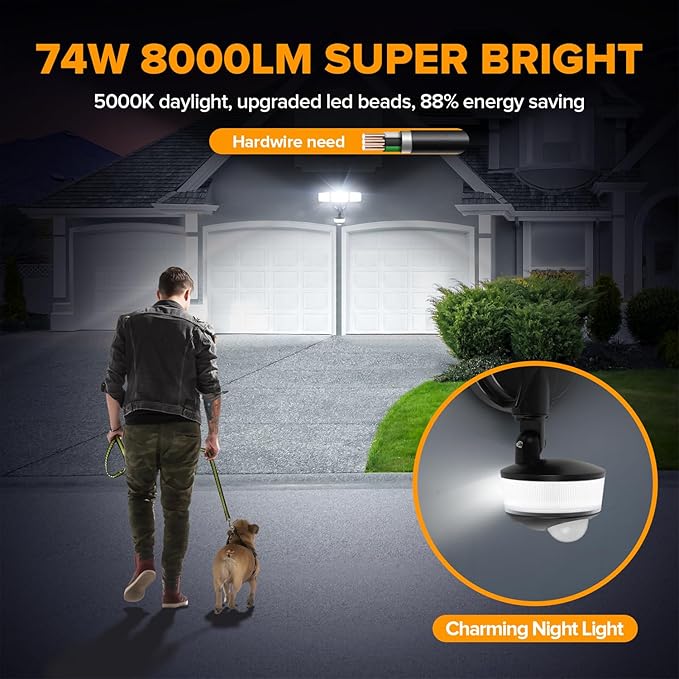 LUTEC 74W 8000 Lumen Motion Sensor Outdoor Lights, 5000K Daylight, IP65 Waterproof Flood Lights Outdoor with Night Light, Dusk to Dawn Motion Detector LED Security Light for Outside Garage, Yard-Black