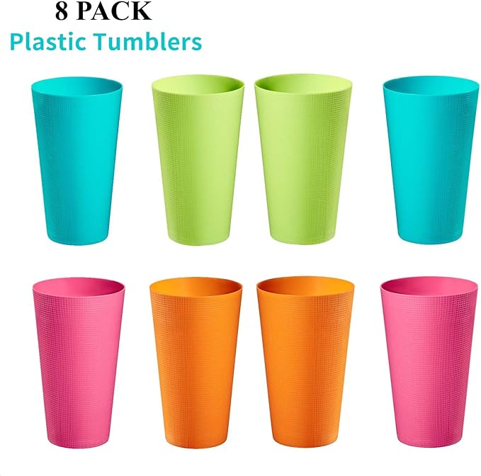 Plastic Cups Large Tumblers 35-ounce Reusable Drinking Glasses set of 8-Multicolor Unbreakable Drinkware, BPA-free, Microwave Safe