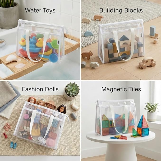 HOLAY 4 Pack Clear Toy Storage Bags with Handle – Playroom Organizer Bins for Kids Toys, Board Games, Busy Bags, and Homeschool Supplies, Transparent PVC Front & Reinforced Base(White, X-Large)