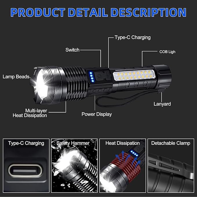 Rechargeable Flashlights High Lumens, 7Mode LED Flashlight Rechargeable, Super Bright Flashlight Powerful, IPX6 Waterproof, Adjustable Tactical Flashlights for Home Emergencies Camping, 2 Pack