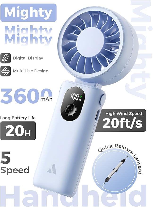 Aecooly Mighty Portable Handheld Fan | 20H Max Cooling Time | 3 Flexible Modes | 5 Speeds Wind | Battery Level Display | USB Rechargeable Mini Personal Battery Powered, Gifts for Women, Travel -Blue