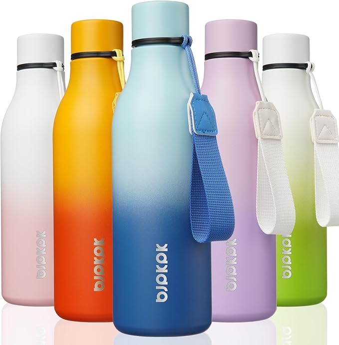 BJPKPK Insulated Water Bottles, 18 oz Stainless Steel Metal Water Bottle with Strap, BPA Free Leak Proof Jugs, Mugs, Flasks, Reusable Thermal Flasks for Sports & Travel, Sky