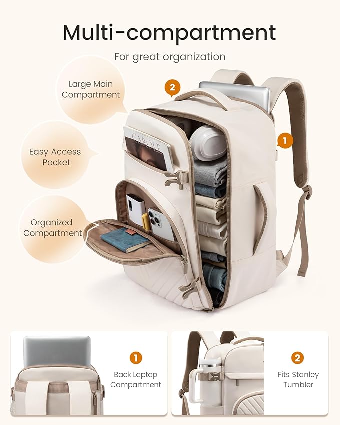 LOVEVOOK 40L Travel Backpack for Women Men, TSA Personal Item Travel Bag Fits 17.3inch Laptop, Waterproof Airline Approved Carry On Luggage With 2 Cubes for Weekender Hiking Business, Beige