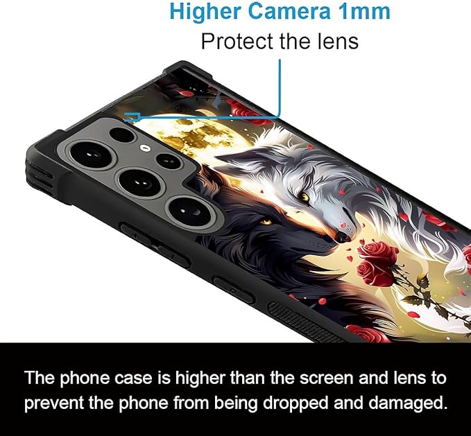 for Samsung Galaxy S24 Ultra Case, Black White Wolf Moon Flower Rose Pattern Graphic Design Girl Boy Soft Silicone Hard Acrylic Shock Protection for Samsung Galaxy S24 Ultra