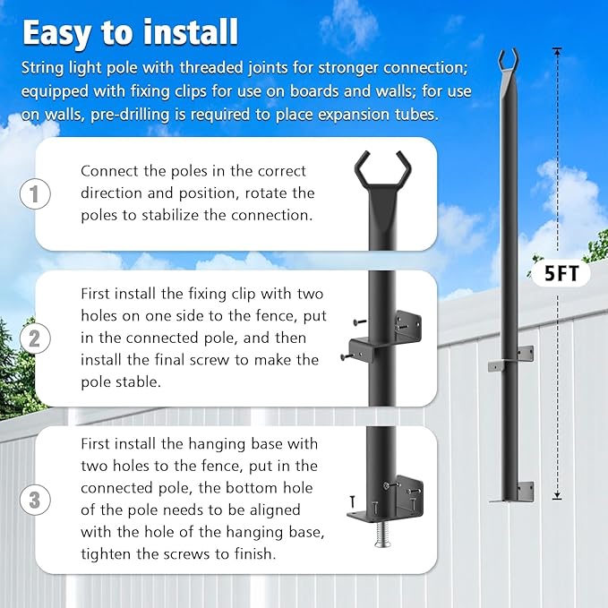 NUERPO 4 Pack String Light Poles,5Ft Metal Poles for Outdoor String Lights,Outdoor Light Poles with Post,Poles/Stand for Outside,Patio,Deck,Backyard,Garden Wedding,Party
