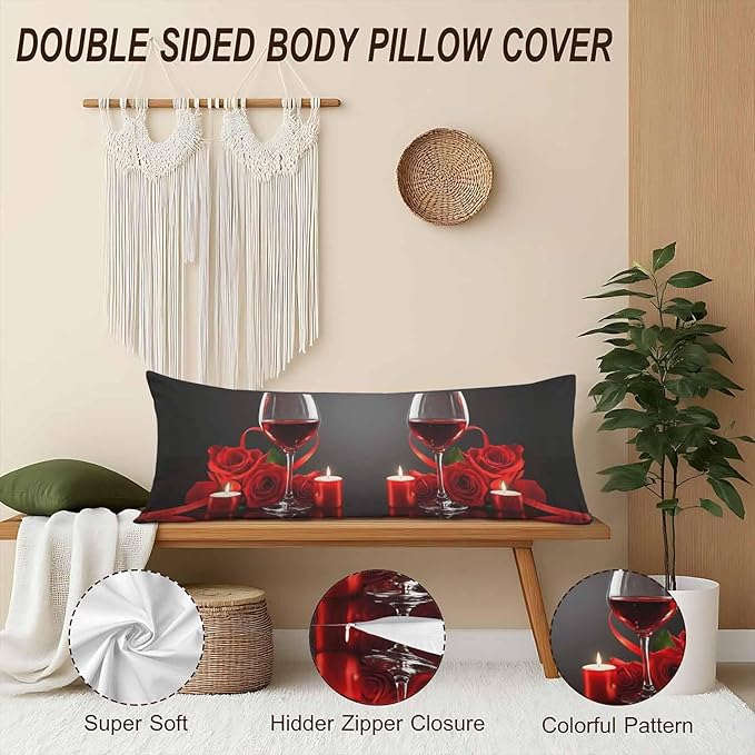 Decorative Home Body Pillow Covers Wine, Red Wine Rose Breathable Pillow Cushion Cases Lumbar Body Pillow Cover Soft Body Pillowcase for Bedroom Couch Sofa 20x54 Inch