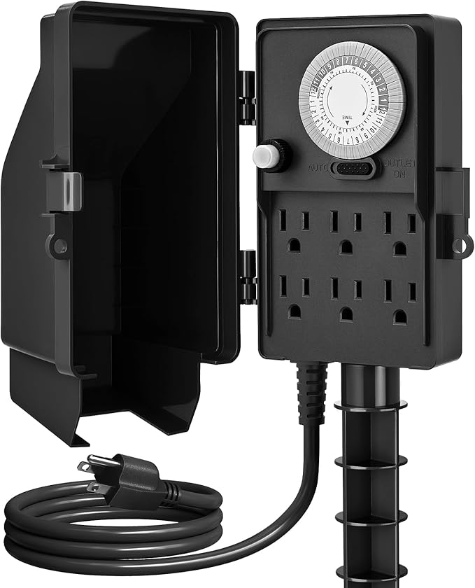 SURAIELEC Outdoor Power Stake, 24-Hour Mechanical Light Timer, Electrical Power Strip Weatherproof, 6FT Extension Cord Multiple Outlets Plug for Patio Lights, Halloween Decorations. Outdoor Light
