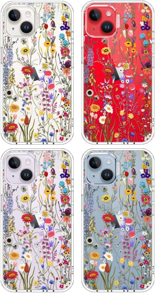 MOSNOVO for iPhone 13/14 Case | Military Grade 6.6ft Drop Tested | Clear with Wildflower Meadow Design