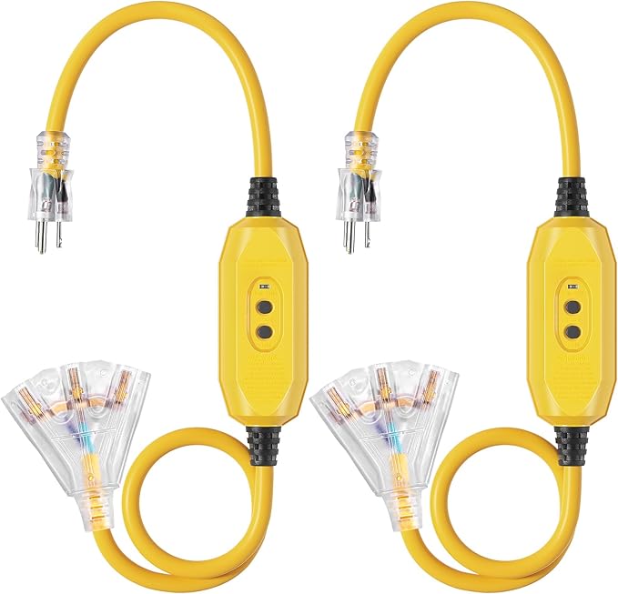 DEWENWILS 3FT GFCI Extension Cord Outdoor, 12/3 AWG SJTW Heavy Duty Power Cable, LED Lighted 3 Prong GFCI Plug for Pool Pump Multiple Appliances, Automatic Reset, Yellow, UL Listed, 2 Pack