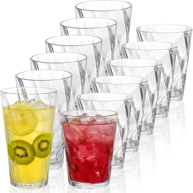 LemonRoad 12 Pack Reusable Plastic Drinking Glasses Set - 20oz & 13.5oz Stackable Tumbler, Shatter-resistant Highball Cup for Water, Cocktail, Iced Coffee, Indoor Outdoor Use, BBQ, Patio, Pool (Clear)