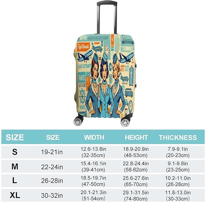 Flight Attendants Travel Vintage Style Retro Stretch Luggage Cover, Washable Suitcase Protector Fits 22-24in Cases, Secure Fit for Carry On Checked Bags, Travel Essentials