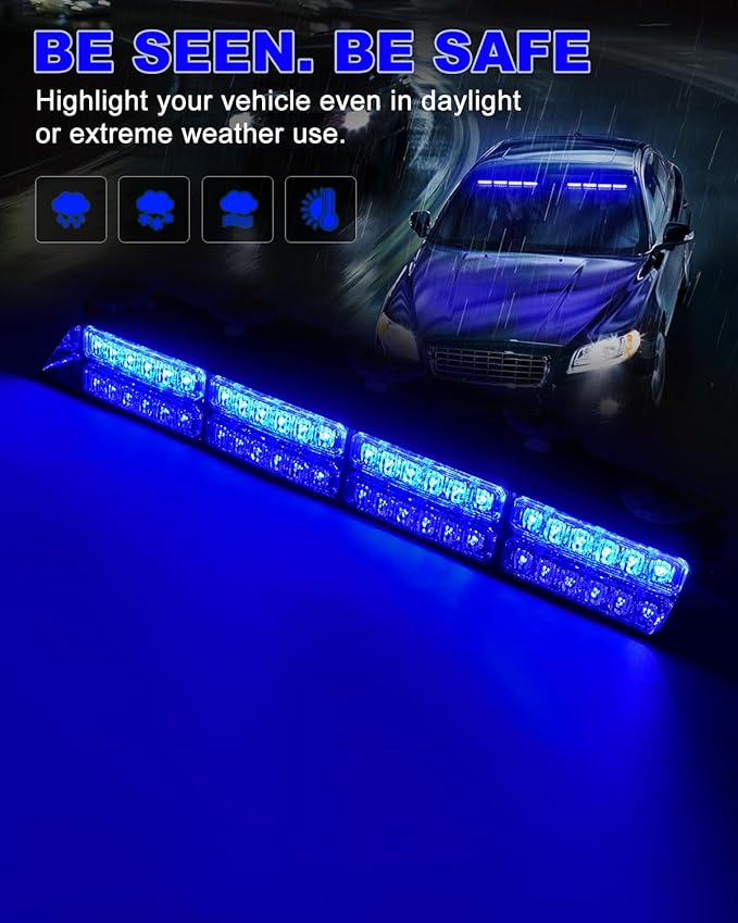 HLauto 6Z4J Emergency Dash Strobe Lights: 2x16.8 inch Blue Safety Lights, 48 LED Flashing Warning Hazard Interior Windshield Visor Traffic Light Bar for Trucks, Construction Vehicles